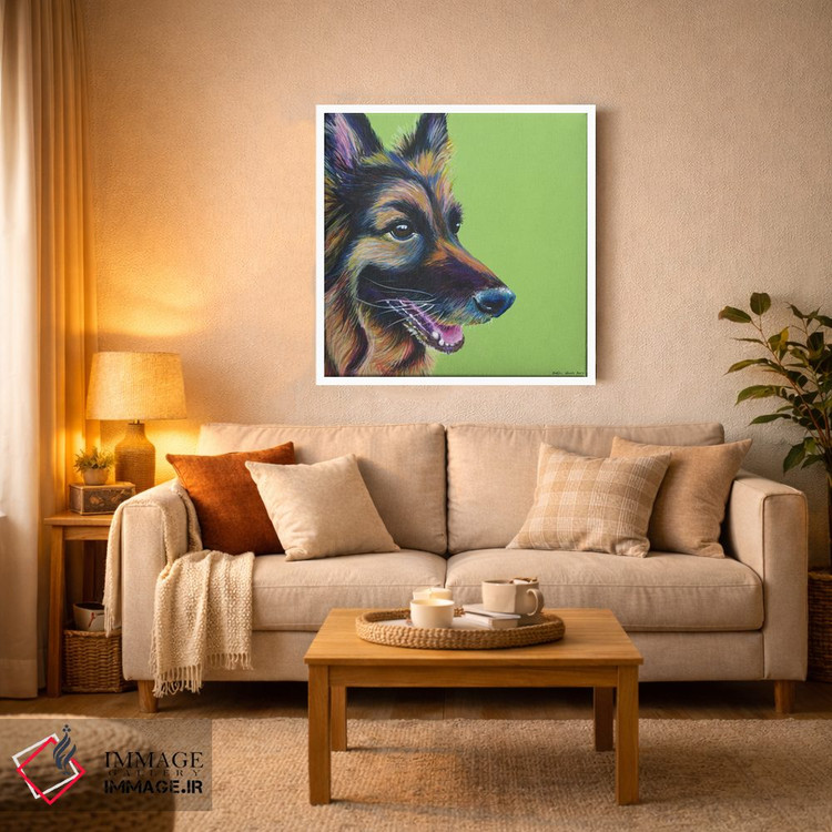 تابلو دکوراتیو ژرمن شپرد روی زمینه سبز لیمویی، مربع اثر کیرستین وود - D4W