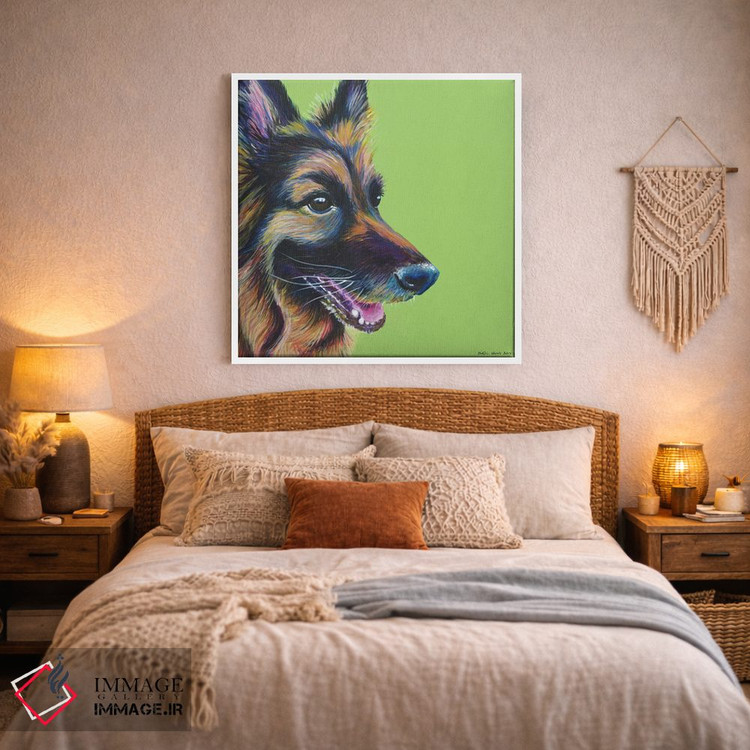 تابلو دکوراتیو ژرمن شپرد روی زمینه سبز لیمویی، مربع اثر کیرستین وود - D3W