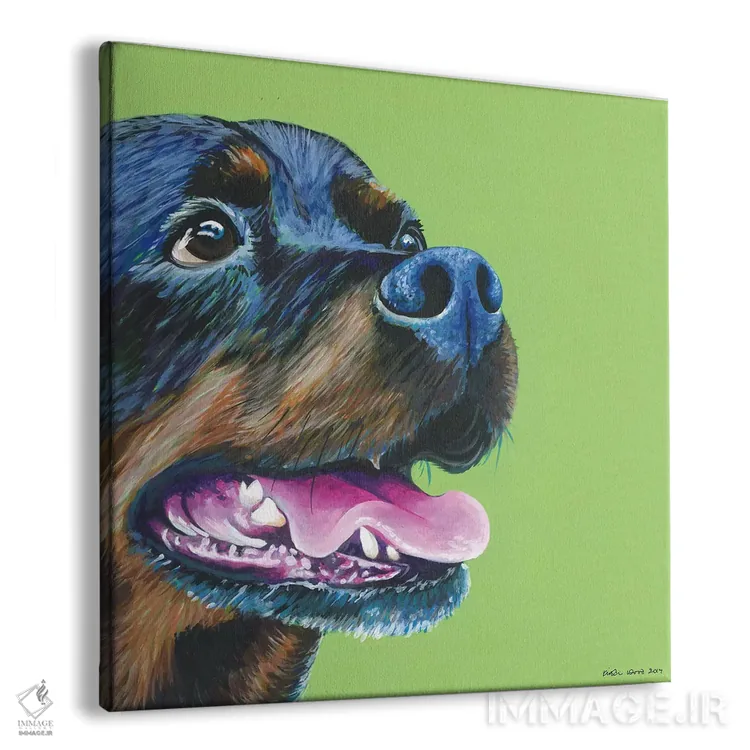 تابلو دکوراتیو روتوایلر روی زمینه سبز لیمویی، مربع اثر کیرستین وود - نمای پرسپکتیو محصول