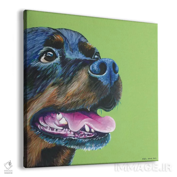 تابلو دکوراتیو روتوایلر روی زمینه سبز لیمویی، مربع اثر کیرستین وود - نمای پرسپکتیو محصول