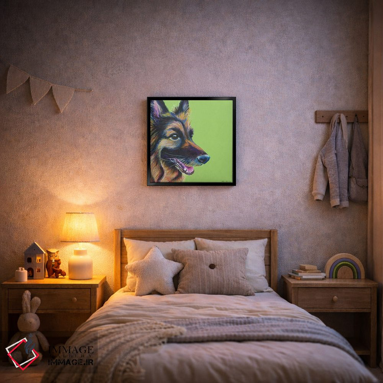 تابلو دکوراتیو ژرمن شپرد روی زمینه سبز لیمویی، مربع اثر کیرستین وود - D6B