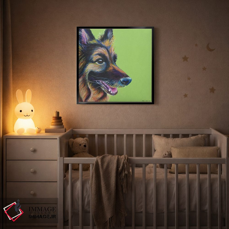 تابلو دکوراتیو ژرمن شپرد روی زمینه سبز لیمویی، مربع اثر کیرستین وود - D5B