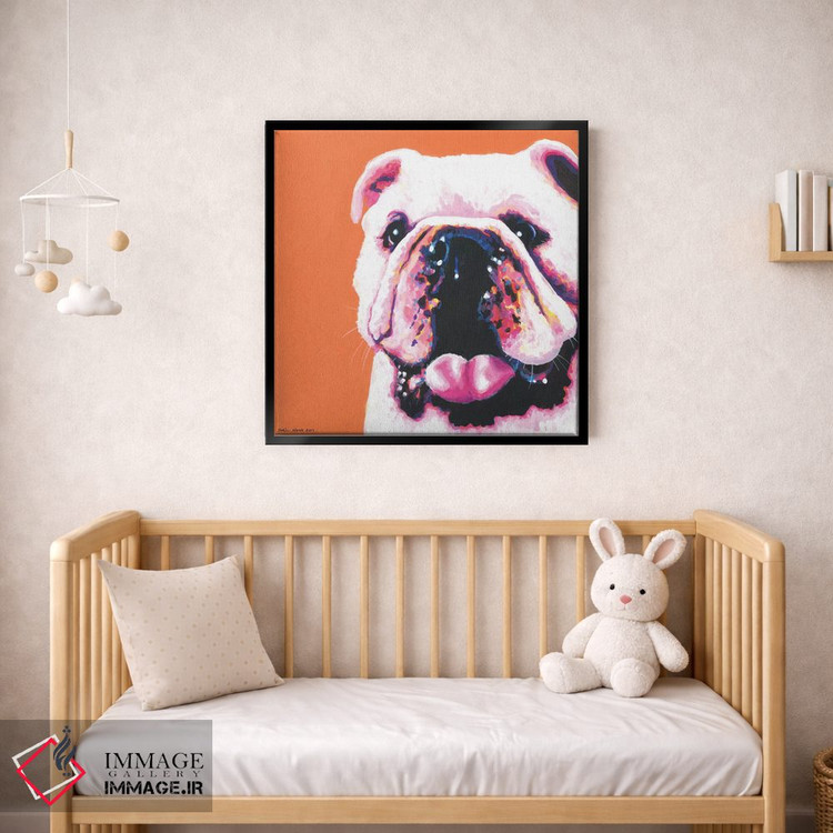 تابلو دکوراتیو بولداگ روی زمینه نارنجی، مربع اثر کیرستین وود - D2B