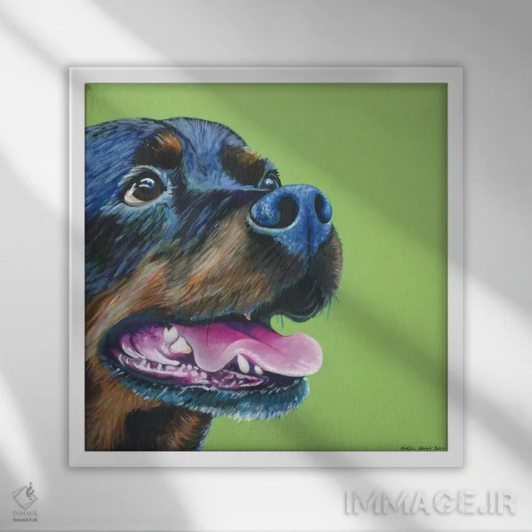 تابلو دکوراتیو روتوایلر روی زمینه سبز لیمویی، مربع اثر کیرستین وود - نمای قابدار سفید