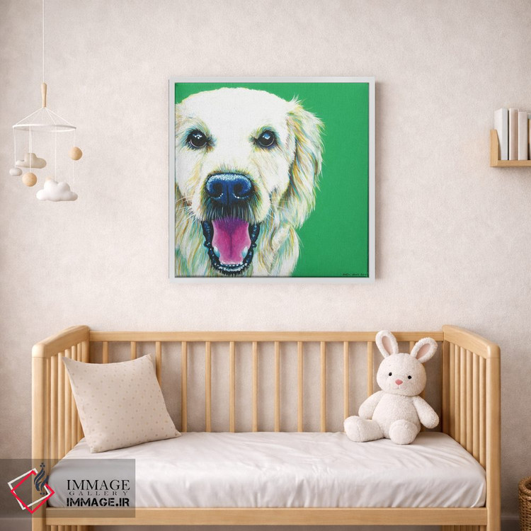 تابلو دکوراتیو گلدن رتریور روی زمینه زمردی، مربع اثر کیرستین وود - D1W