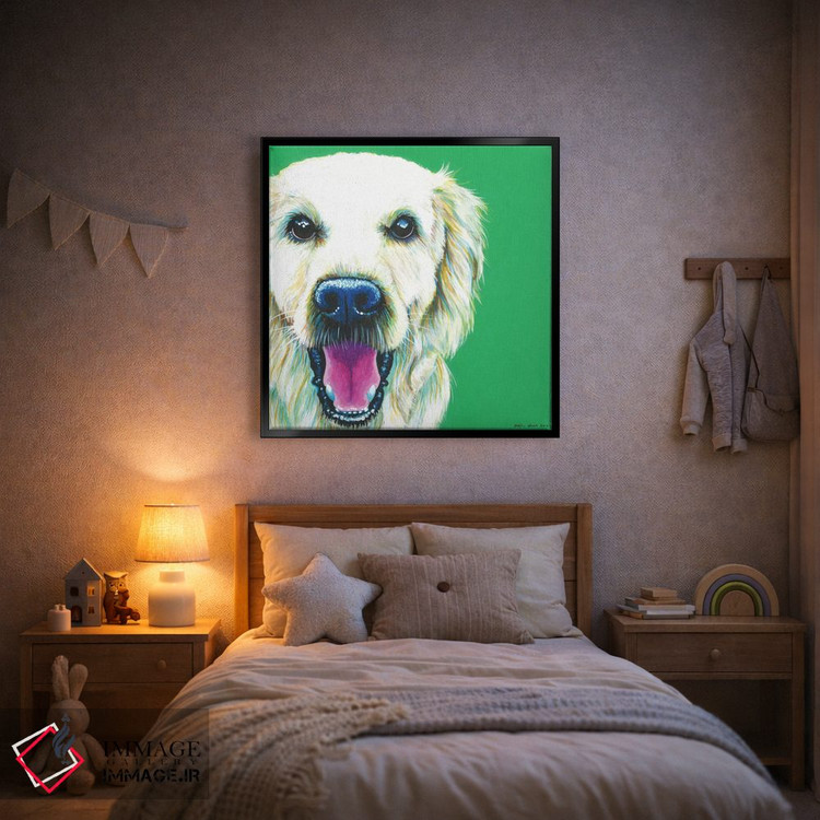 تابلو دکوراتیو گلدن رتریور روی زمینه زمردی، مربع اثر کیرستین وود - D2B