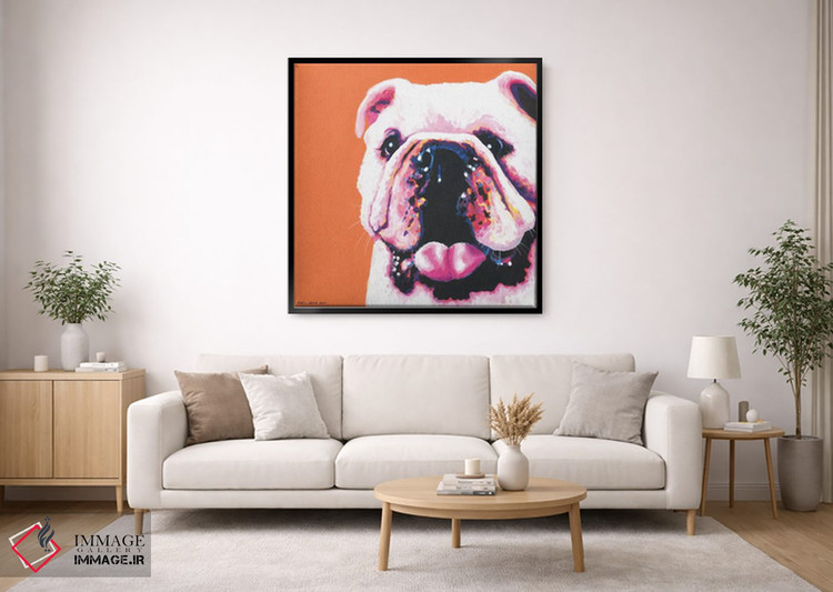تابلو دکوراتیو بولداگ روی زمینه نارنجی، مربع اثر کیرستین وود - D3B