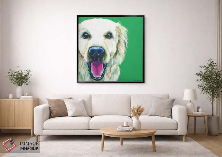 تابلو دکوراتیو گلدن رتریور روی زمینه زمردی، مربع اثر کیرستین وود - D3B