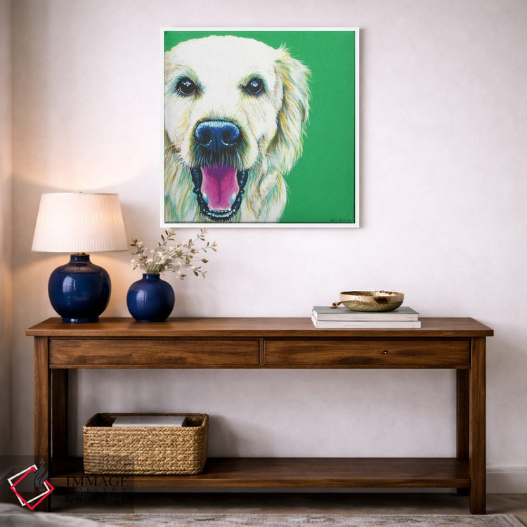 تابلو دکوراتیو گلدن رتریور روی زمینه زمردی، مربع اثر کیرستین وود - D4W