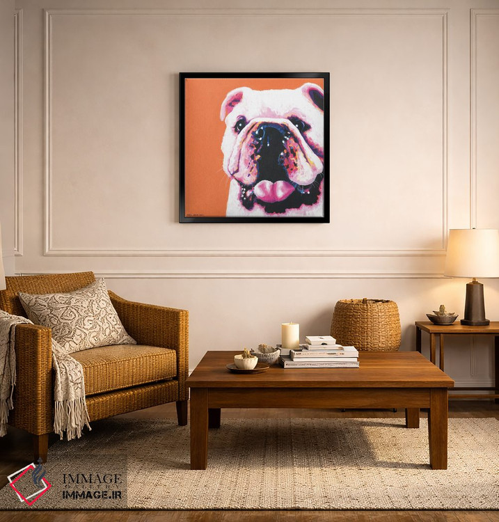 تابلو دکوراتیو بولداگ روی زمینه نارنجی، مربع اثر کیرستین وود - D6B