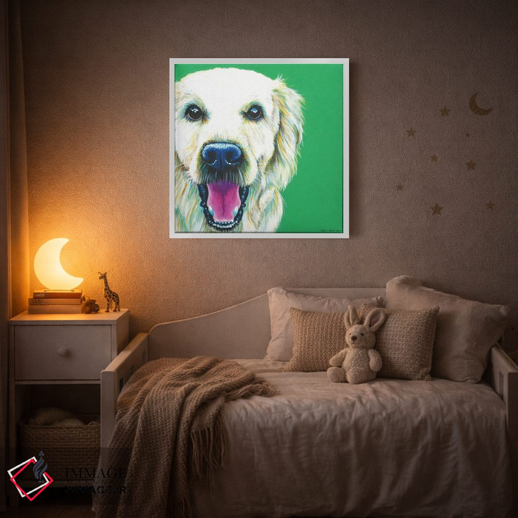 تابلو دکوراتیو گلدن رتریور روی زمینه زمردی، مربع اثر کیرستین وود - D5W