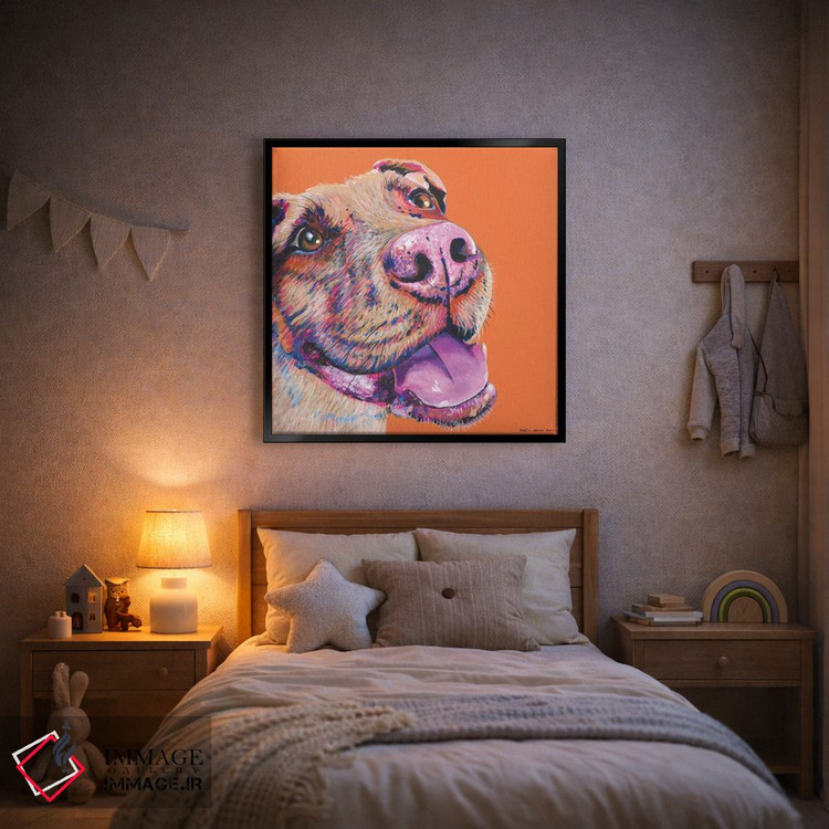 تابلو دکوراتیو پیت بول روی زمینه نارنجی، مربع اثر کیرستین وود - D2B