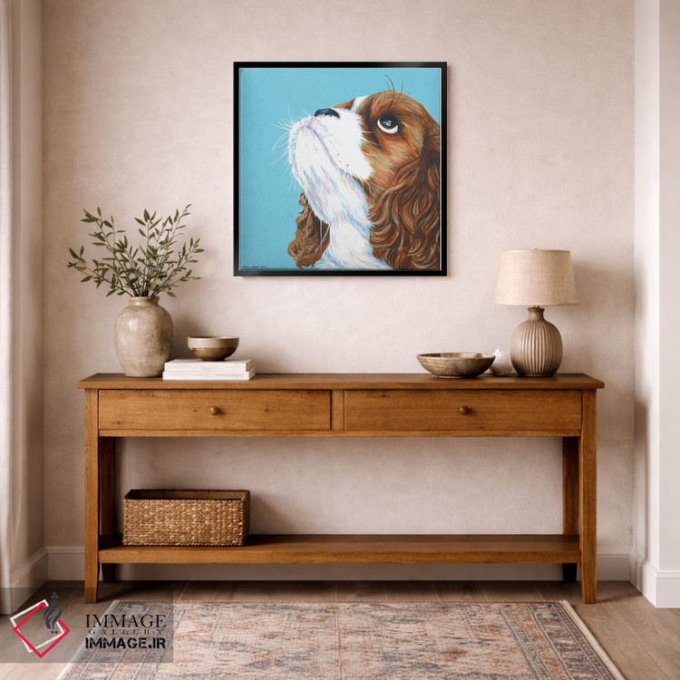 تابلو دکوراتیو کاولیر کینگ چارلز روی زمینه آبی آبی، مربع اثر کیرستین وود - D5B