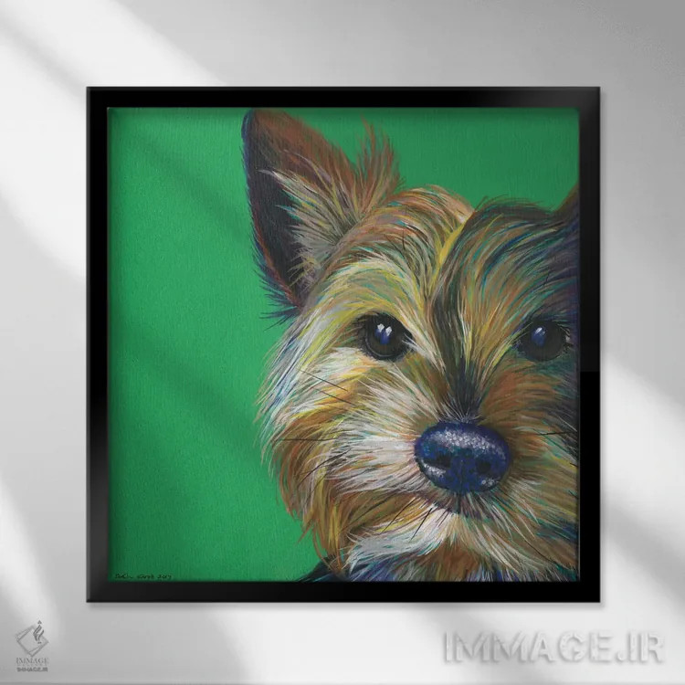 تابلو دکوراتیو یورکشایر تریر روی زمینه زمردی، مربع اثر کیرستین وود - نمای قابدار مشکی