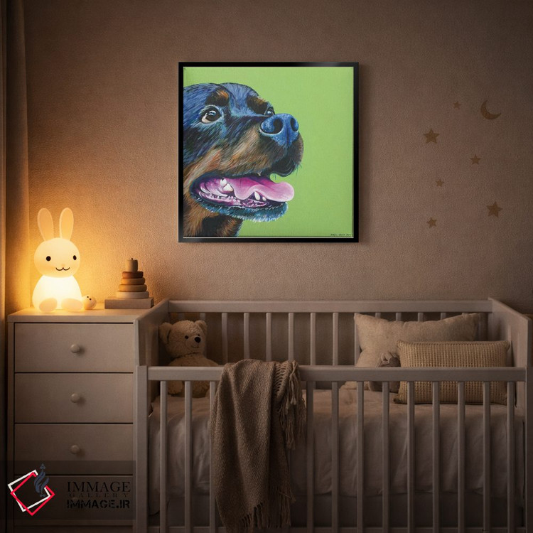 تابلو دکوراتیو روتوایلر روی زمینه سبز لیمویی، مربع اثر کیرستین وود - D2B