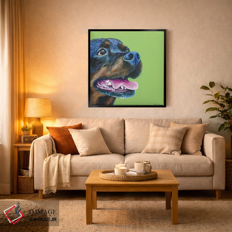 تابلو دکوراتیو روتوایلر روی زمینه سبز لیمویی، مربع اثر کیرستین وود - D3B