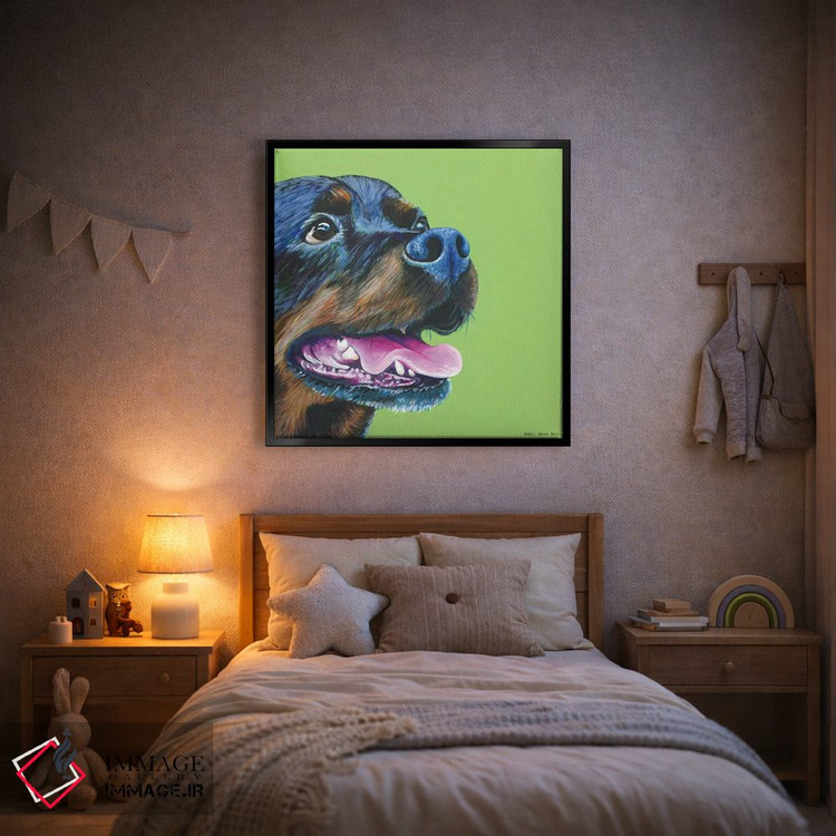 تابلو دکوراتیو روتوایلر روی زمینه سبز لیمویی، مربع اثر کیرستین وود - D1B