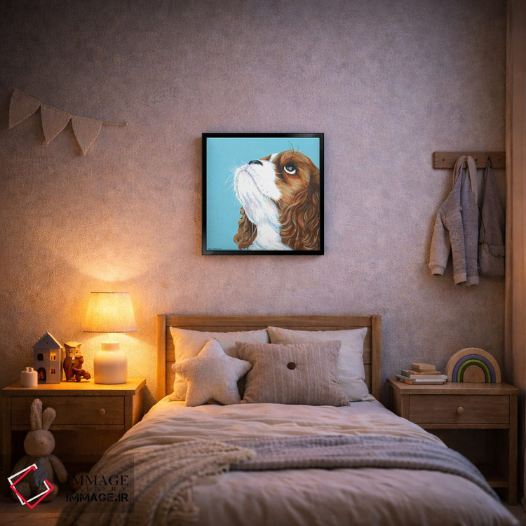 تابلو دکوراتیو کاولیر کینگ چارلز روی زمینه آبی آبی، مربع اثر کیرستین وود - D6B