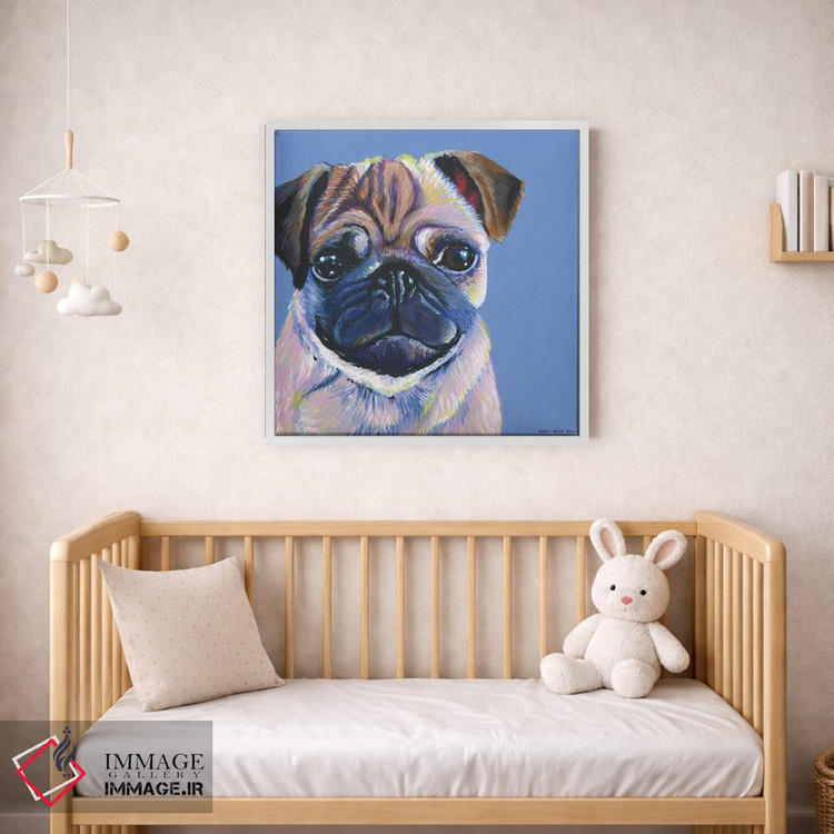 تابلو دکوراتیو پاگ روی زمینه آبی، مربع اثر کیرستین وود - D1W