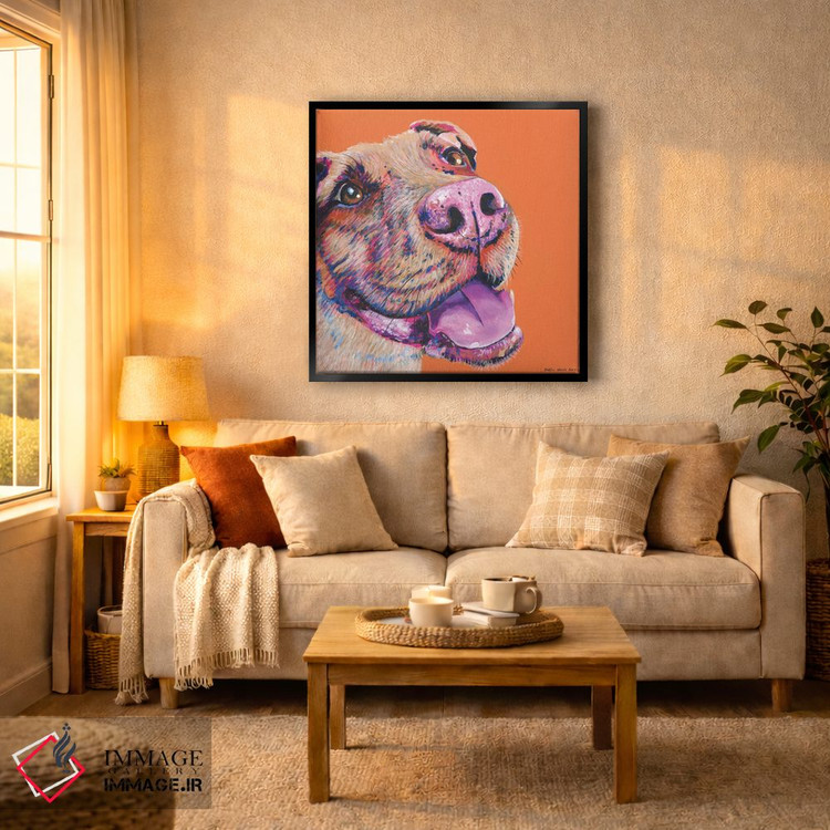 تابلو دکوراتیو پیت بول روی زمینه نارنجی، مربع اثر کیرستین وود - D5B