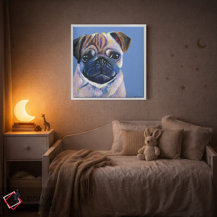 تابلو دکوراتیو پاگ روی زمینه آبی، مربع اثر کیرستین وود - D3W