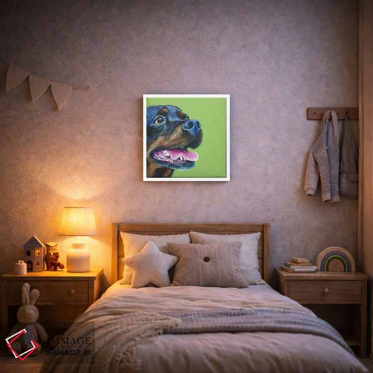 تابلو دکوراتیو روتوایلر روی زمینه سبز لیمویی، مربع اثر کیرستین وود - D4W