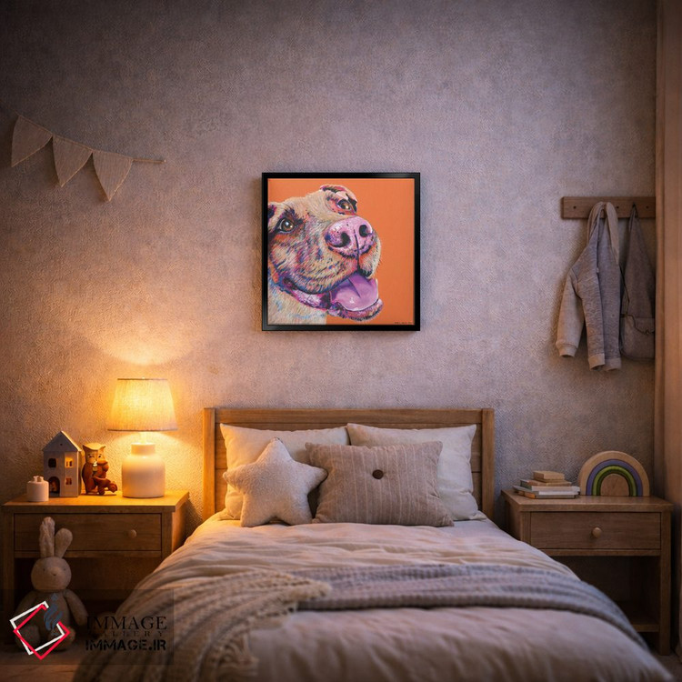 تابلو دکوراتیو پیت بول روی زمینه نارنجی، مربع اثر کیرستین وود - D6B