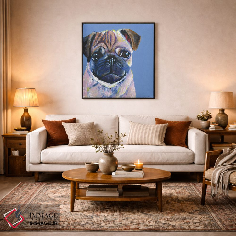 تابلو دکوراتیو پاگ روی زمینه آبی، مربع اثر کیرستین وود - D4B