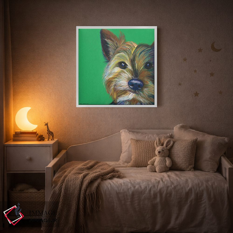 تابلو دکوراتیو یورکشایر تریر روی زمینه زمردی، مربع اثر کیرستین وود - D2W