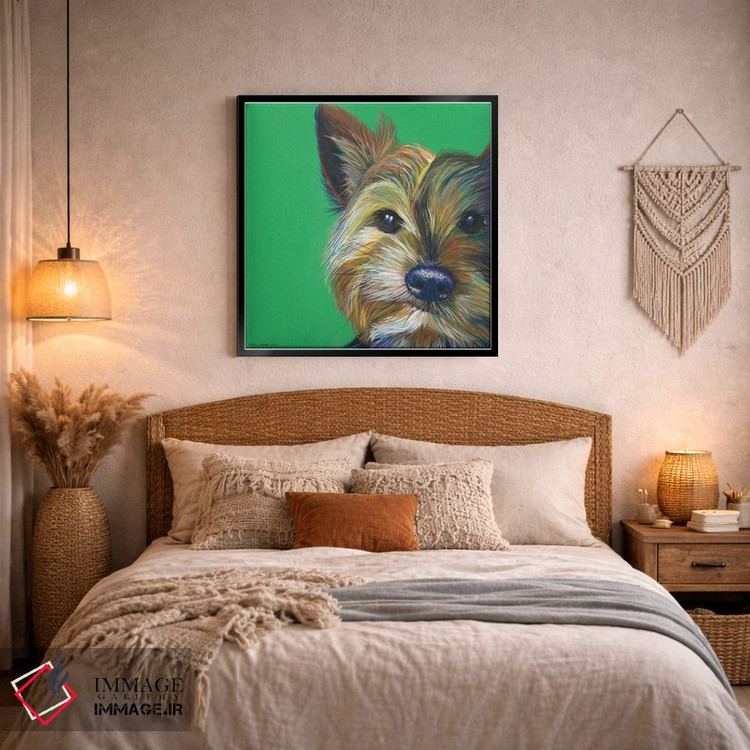 تابلو دکوراتیو یورکشایر تریر روی زمینه زمردی، مربع اثر کیرستین وود - D4B