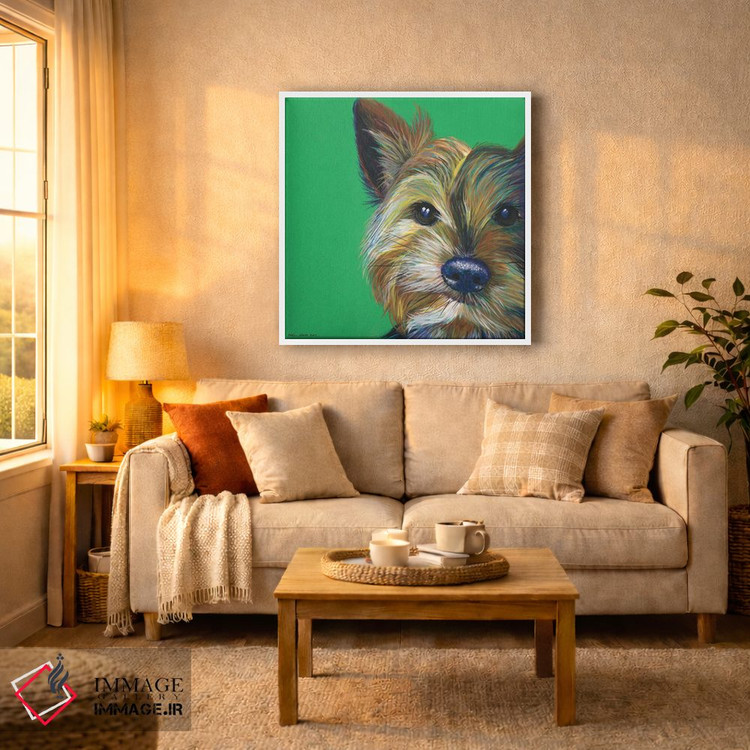 تابلو دکوراتیو یورکشایر تریر روی زمینه زمردی، مربع اثر کیرستین وود - D5W