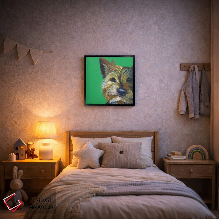 تابلو دکوراتیو یورکشایر تریر روی زمینه زمردی، مربع اثر کیرستین وود - D6B