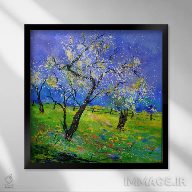 تابلو دکوراتیو درختان شکوفه دار در روستای من اثر پل لدنت - نمای قابدار مشکی