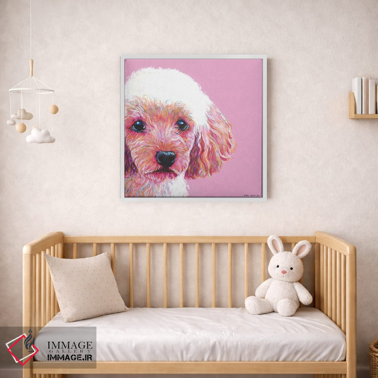 تابلو دکوراتیو پودل روی زمینه صورتی، مربع اثر کیرستین وود - D1W