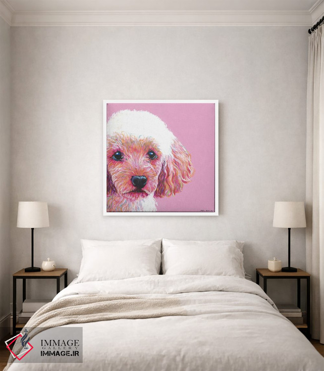 تابلو دکوراتیو پودل روی زمینه صورتی، مربع اثر کیرستین وود - D2W