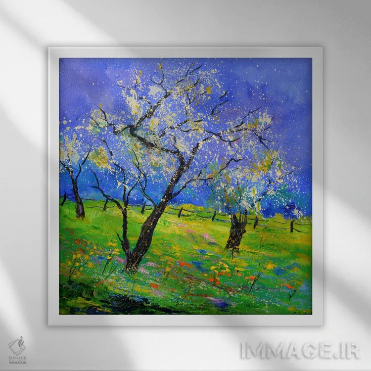 تابلو دکوراتیو درختان شکوفه دار در روستای من اثر پل لدنت - نمای قابدار سفید