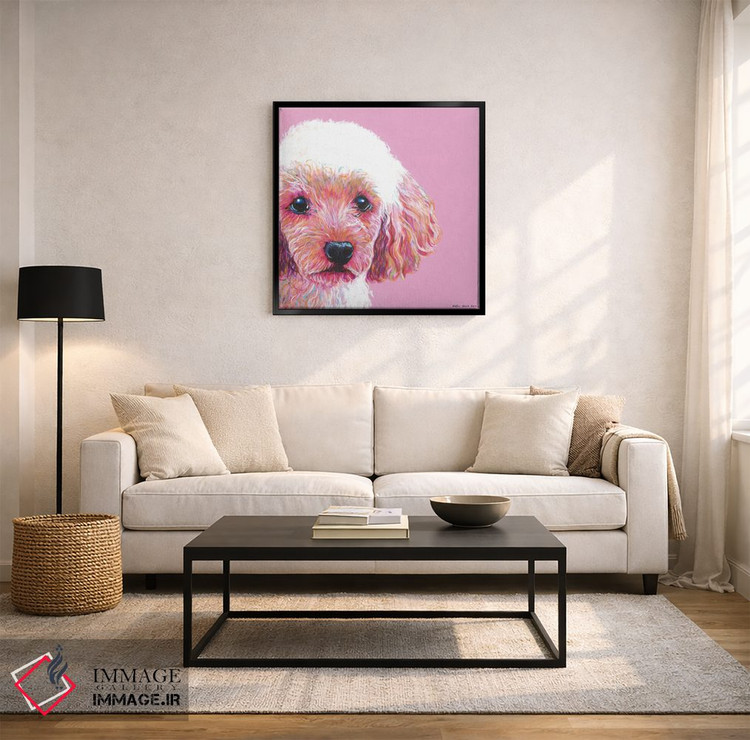 تابلو دکوراتیو پودل روی زمینه صورتی، مربع اثر کیرستین وود - D3B