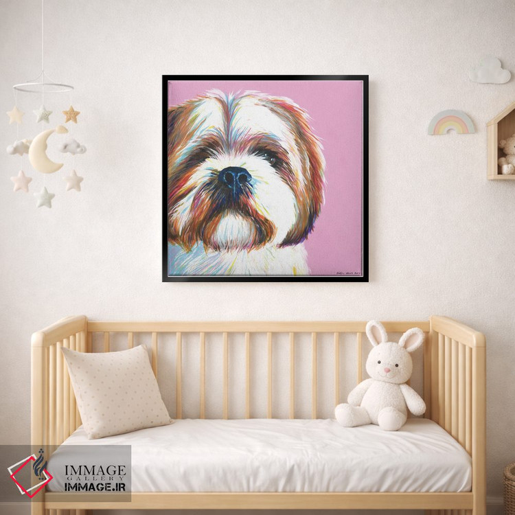 تابلو دکوراتیو شیتزو روی زمینه صورتی، مربع اثر کیرستین وود - D2B