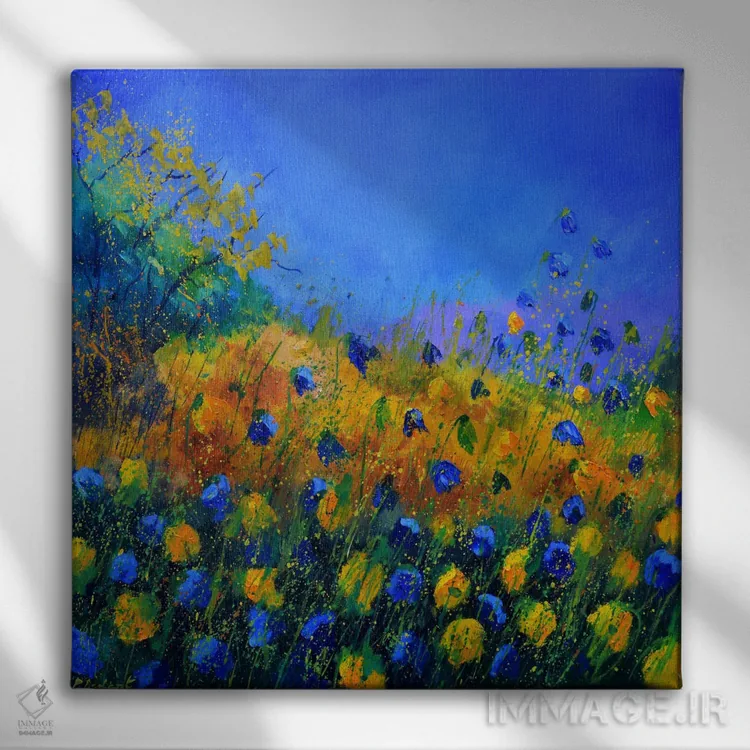 تابلو انتزاعی گل های آبی و زرد اثر پل لدنت - نمای روبهرو روی دیوار
