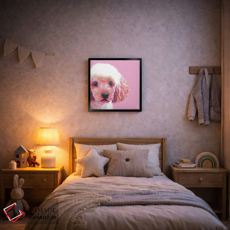 تابلو دکوراتیو پودل روی زمینه صورتی، مربع اثر کیرستین وود - D6B