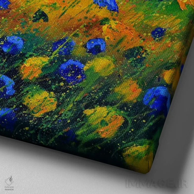 تابلو انتزاعی گل های آبی و زرد اثر پل لدنت - نمای نزدیک بافت بوم