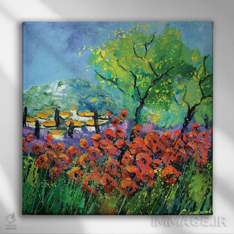 تابلو انتزاعی شقایق های قرمز در پروانس اثر پل لدنت - نمای روبهرو روی دیوار