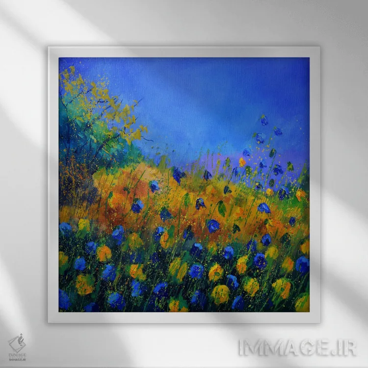 تابلو انتزاعی گل های آبی و زرد اثر پل لدنت - نمای قابدار سفید