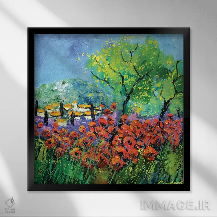 تابلو انتزاعی شقایق های قرمز در پروانس اثر پل لدنت - نمای قابدار مشکی