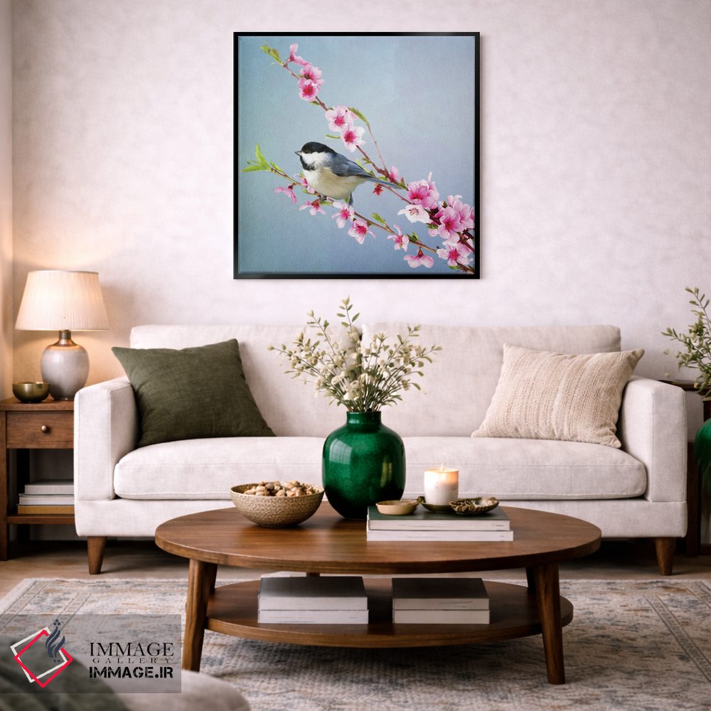 تابلو دکوراتیو چیکادی کلاه سیاه و شکوفه های هلو اثر لورا دی یانگ - D4B