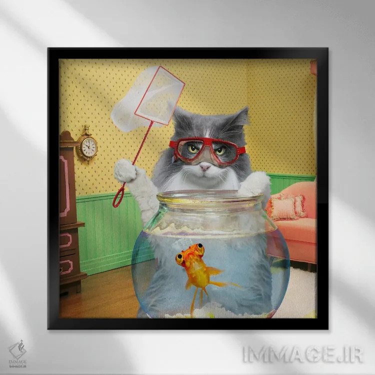 تابلو دکوراتیو گربه ماهیگیر اثر لوند روزر - نمای قابدار مشکی