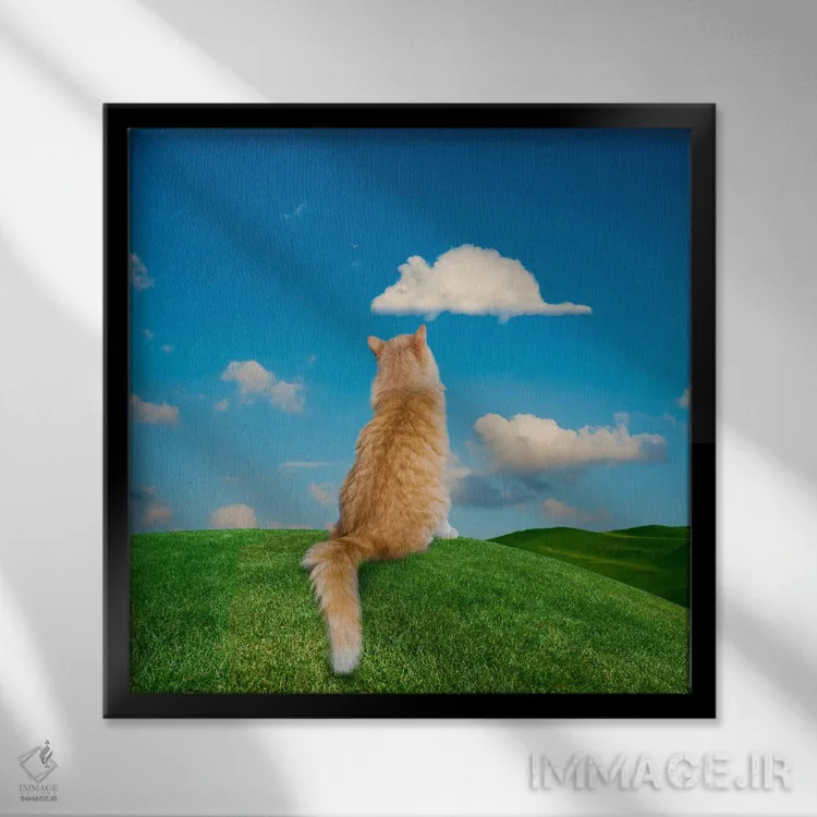 تابلو دکوراتیو گربه در حال خیال پردازی اثر لوند روزر - نمای قابدار مشکی