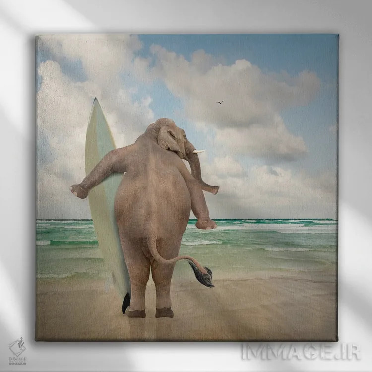 تابلو دکوراتیو فیل موج سوار اثر لوند روزر - نمای روبهرو روی دیوار