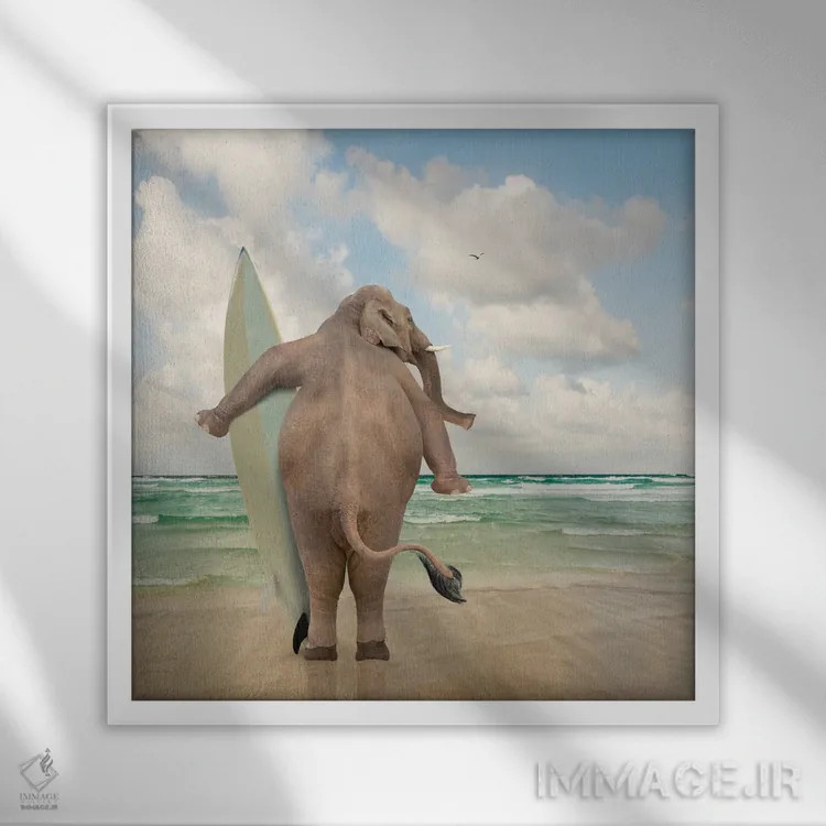 تابلو دکوراتیو فیل موج سوار اثر لوند روزر - نمای قابدار سفید