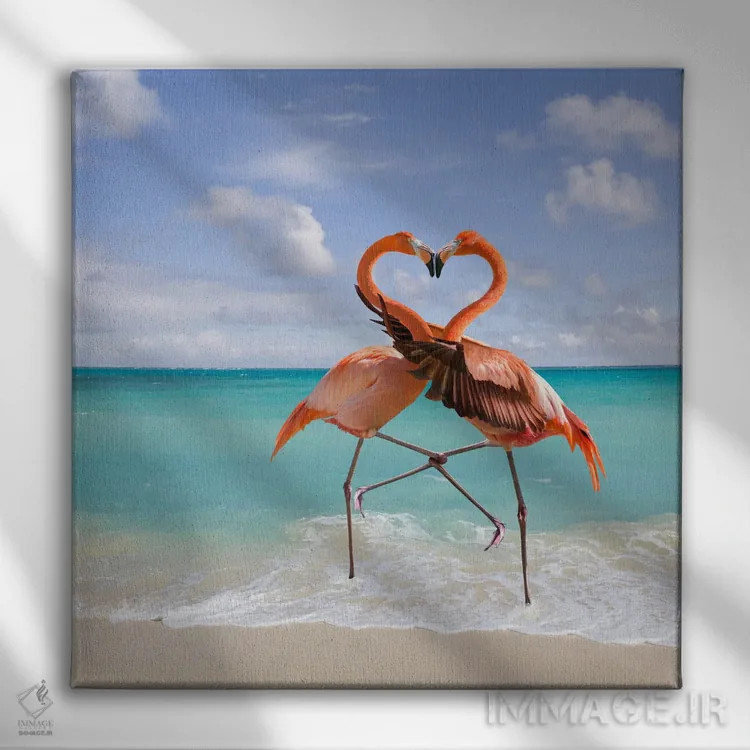 تابلو دکوراتیو عشق فلامینگوها اثر لوند روزر - نمای روبهرو روی دیوار